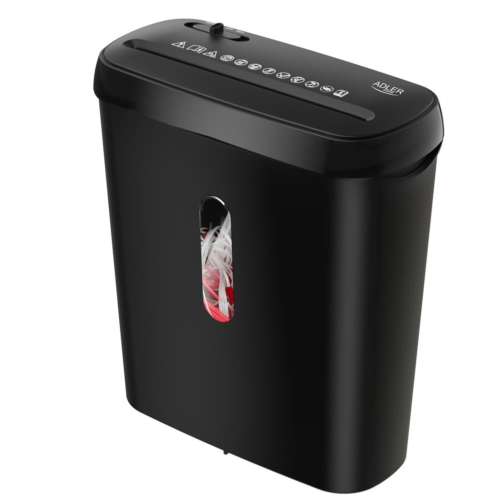 Adler AD 1039 - Destructora de Papel (6 Hojas, Corte en Tiras P‑2, depósito de 8 L, Arranque/Parada automática, función de Retroceso, 70 dB, protección contra sobrecargas, compacta y Negra)