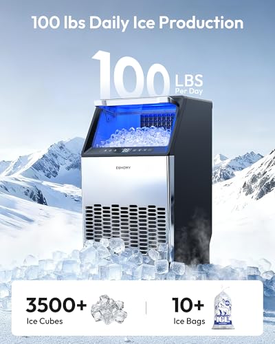 Image of EUHOMY Commercial Ice Maker Machine,100lbs /24H Stainless Steel Under Counter Ice Machine with 33lbs Storage Bin, Freestanding Ice Maker for Home /Bar /Cafe /Restaurant(Mirror-Polished Stainless Steel)