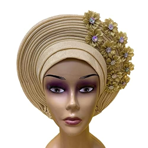 Fashion Nigerian Gele Headties with Stones Women Head Wrap Beaded Lace Already Made Auto African Headtie for Party