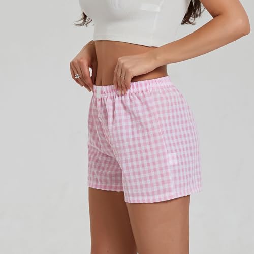 Image of Y2k Plaid Shorts Cute Baggy Ginghem Boxer Shorts for Women Checked Lounge Pajama Bottom Preppy Sleep Pj Shorts