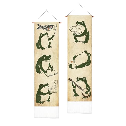 PLIGREAT 2 paquetes de tapices japoneses en formato vertical, bonito tapiz largo con diseño de rana verde y borlas, decoración de pared estética para dormitorio, salón, baño y más.