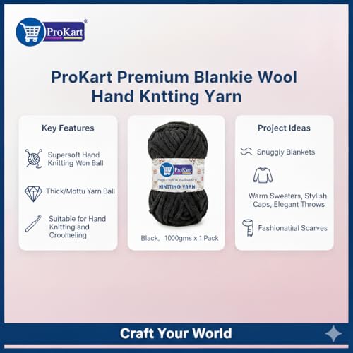 Image of ProKart Premium Blankie Wool, Plush & Cuddly, Chenille Yarn Supersoft Hand Knitting Wool Ball | Blanket Thick /Mottu Yarn Ball Suitable for Hand Knitting and Crocheting (Black, 100gms x 1 Pack)