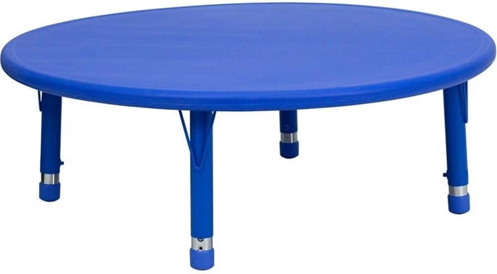 Pemberly Row 45" Round Height Adjustable Plastic Activity Table, Blue Finish, Steel Frame, Seats 8 Kids, Safety Rounded Corners, Durable Preschool or Daycare Table for Crafts, Snacks, and Play