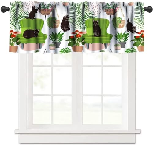 JanJCurt Potted Plant Window Valance, Greenhouse Tropical Green Plant Modern Succulent Cactus Leaves Boho Black Cat Blackout Short Window Curtain for Kitchen Living Room Bedroom, 54x18in