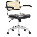 KROFEM Mid Century Modern Tilting Rattan Back Desk Chair with Wheels, 360 Swivel, Height Adjustable, Armrest, Perfect for Home Office, PU Leather, Black