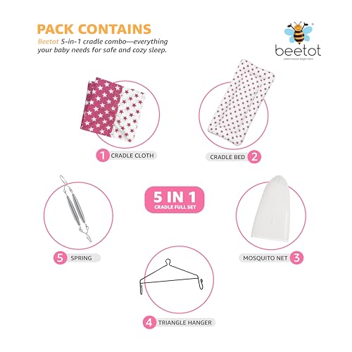 Image of Baby Swing Cradle (Jhula) for Newborns - Cloth Cradle with Removable Mattress, Mosquito Net, Spring & Triangle Hanger | Up to 15 kg | (Pink Star)