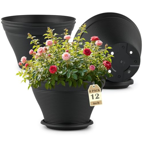 RooTrimmer 4 Pack 12 Inch Plant Pots with Saucers, Plastic Flower Pots with Drainage Holes, Large Planters for Indoor Outdoor Garden, House Plants, Flowers, Herbs, Gardening Gifts, Black
