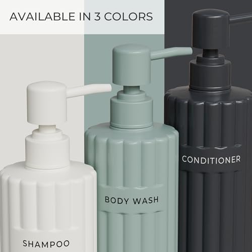 Stilvoller Shampoo- und Spülungsspender-Set mit 3 Stück – Moderne Duschseifenflaschen mit Pumpe und Etiketten – einfach zu befüllender Duschwaschspender für EIN sofortiges Badezimmer-Dekor-Upgrade