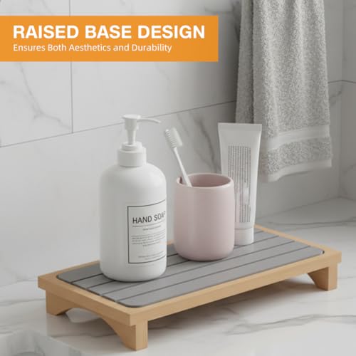 Image of HASTHIP Bathroom Organizer Rack, Small Wood Tray with Diatomite Drain Pad, Minimalist Bathroom Kitchen Organizer Holder for Hand Soap, Scented Candle, Toiletries
