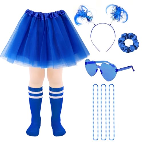 ZhouBoat Kids Tutu Costume Accessories Set Tulle Tutu Skirt Headband Heart Glasses Necklace Tube Socks Scrunchies for Party (Blue)