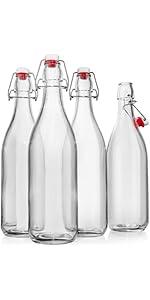 WILLDAN Giara Glass Bottle with Stopper Caps, Set of 4-33.75 Oz Carafe Swing Top Glass Bottles fo...