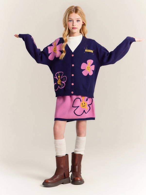 Girls Purple Black Knit Cardigan Long Sleeve with Smiley Flowers & Pink Buttons Sweater for Girls 6-16Y4