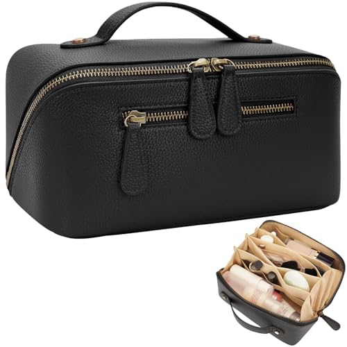 Divvia Travel Makeup Bag Large Capacity Cosmetic Bags for Women Waterproof Make up Organizer Toiletry Bag Open Flat Portable with Divider with Handle Pouch (Black, 3L)