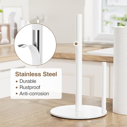 Image of Paper Towel Holder White Kitchen Roll Holder, Paper Towel Holder for Kitchen Roll Organize, Countertop Roll Dispenser with Weighted Base