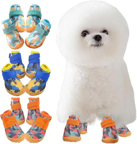 Kukaster Pet Hundeschuhe Pfotenschutz, 4 Stück atmungsaktive Hundeschuhe mit Rutschfester Sohle reflektierendem Klettverschluss Hundestiefel für kleine, mittlere, große Hunde, Orange Tarnung Size 4