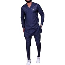 Men's 2 Piece Outfit V-Neck African Dashiki Shirt and Pants Long Sleeves Traditional Suit Party Set Tracksuit Color Blue, Size Large