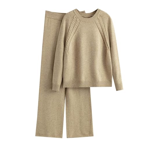 Completi Tuta 2 Pezzi in Maglia Girocollo Tinta Unita Due Outfit Maglione Casual Pullover Top e Pantaloni Set Loungewear Autunnale Khaki3 One Size donna manica lunga elegante