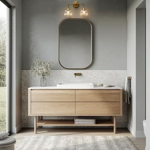 Image of PERMO Wall Sconce Vintage Vanity Light Antique 2 Lights Sconce with Clear Ribbed Globe Glass Shade Antique Brass Gold Double Sconces for Bathroom