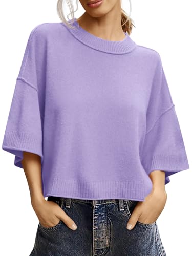 Image of Saodimallsu Womens Short Sleeve Sweater Summer Oversized Cropped Sweaters Casual Crewneck Lightweight Knit Tops