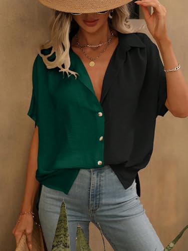 Image of GRECIILOOKS Polycotton Shirt for Women | Shirt Top | Color Block Button Down Blouse Casual Loose Fit Short Sleeve Summer Shirts Work, Vacation & Everyday Wear