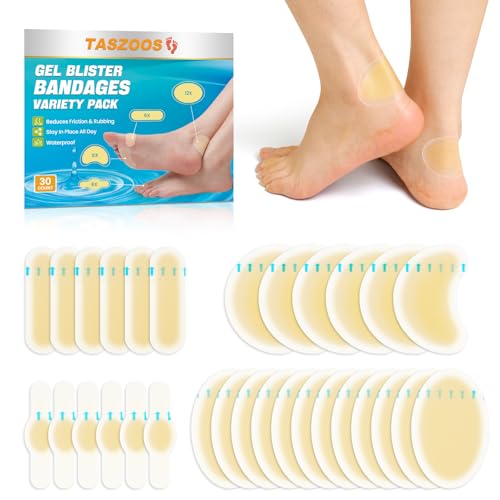 Gel Blister Hydrocolloid Bandages - Taszoos 30ct Waterproof Adhesive Blister Cushions - Blister Bandages for Heel, Toe & Foot - Blister Pads for Prevention & Recovery (Variety Pack)