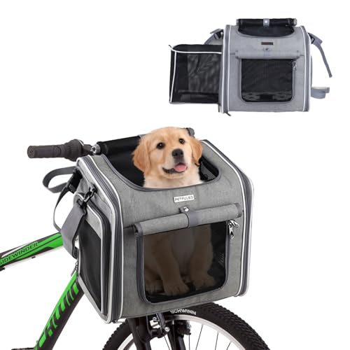 YUZINO Cesta de perro para bicicleta, desmontable y expandible con 4 ventanas de malla transpirable, cesta de bicicleta para mascotas con correa de hombro ajustable para gatos y perros pequeños