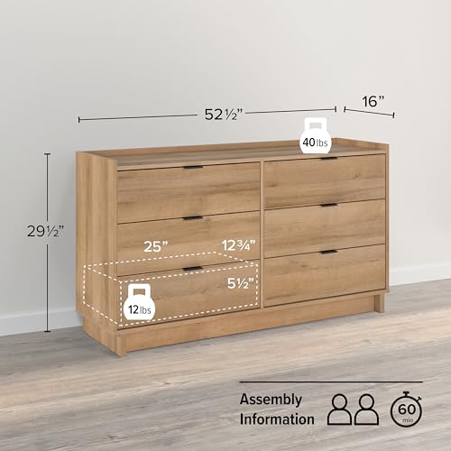 Image of Prepac Simply Modern 6-Drawer Double Dresser for Bedroom, Chest of Drawers, Modern Bedroom Furniture, 52.5 inch Wide x 16 inch deep x 29.5 inch Tall, Oak