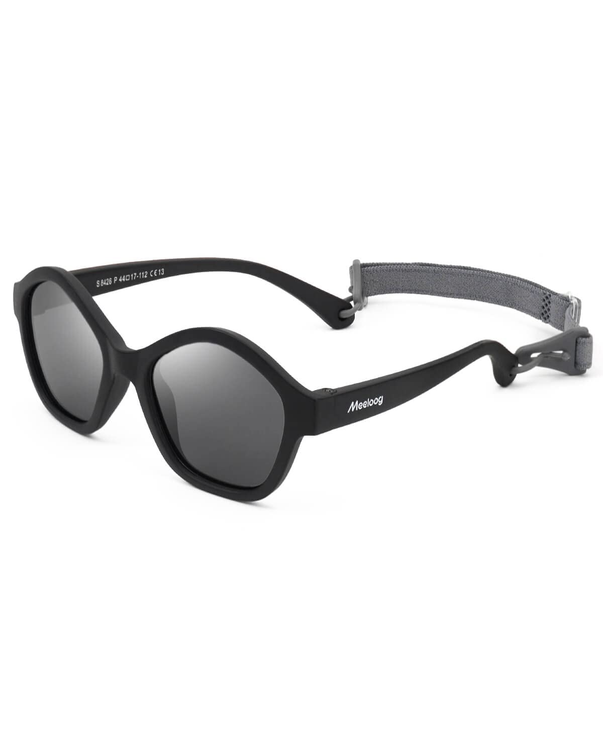 Meeloog Polarized Toddler Sunglasses with Strap, Square Star Shaped Flexible Sun Glasses for Age 0-5 Girls Boys MST0012 (P1 Black Frame/Grey Lens)