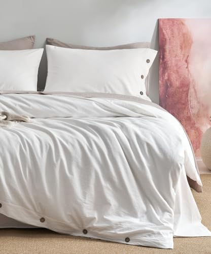 Image of JELLYMONI 100% Washed Cotton White Duvet Cover Full, Linen-Like
