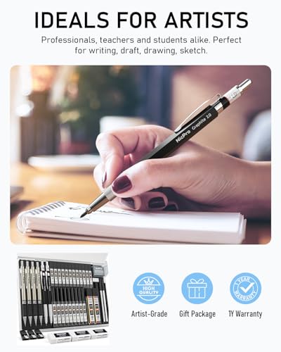 Image of Nicpro Set of 37 mechanical pencils: 4 metal drawing pencils (0.3 mm, 0.5 mm, 0.7 mm, 0.9 mm) and 2 lead holders (6B, 4B, 2B, HB, 2H, 4H) for sketching and drawing. 23 refills in case