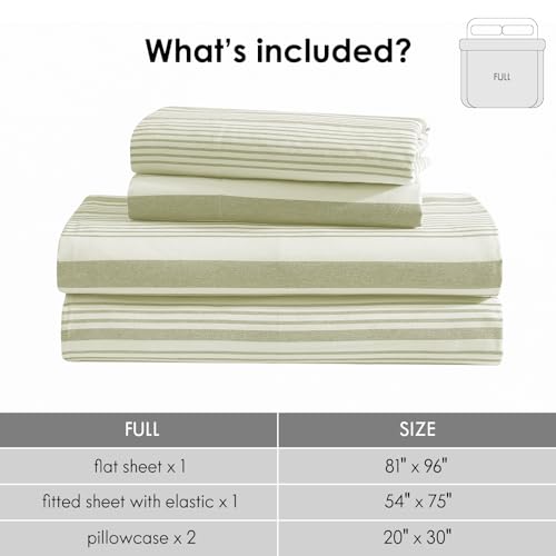 Image of ClevaHome Full Sheets Set - 4 Piece Fitted Bed Sheet Set, Sage Stripe | 16 inch Deep Pocket, Super Soft & Breathable, Enhanced Comfort & Easy Care, Classic Stripe Sheet Set