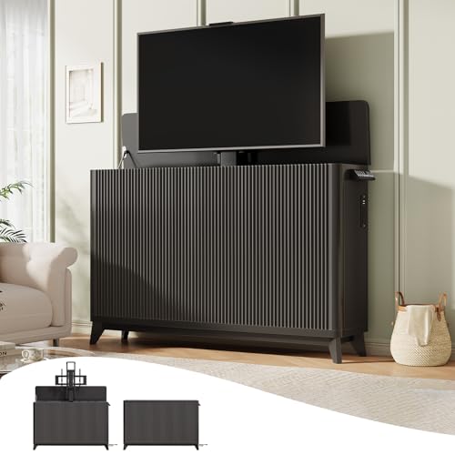 Itaar Motorized TV Lift Cabinet for 32-60 Inch TVs Modern Fluted Electric TV Lift Stand with 2 Memory Heights Built-in Outlets & USB Ports Ultra-Quiet Lift System Indoor & Outdoor Use Black