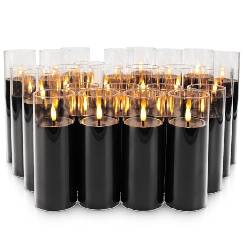 Image of fclayvts 24Pack Black Flickering Flameless LED Candles with Remote & Timer, Small Pillar Acrylic LED Candles Perfect for Indoor /Outdoor Decor,Wedding,BBQ and Gift - Easily Create a Magical Atmosphere.