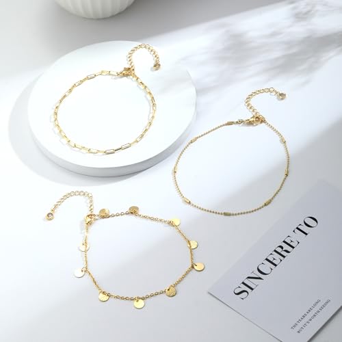 Image of Gold Ankle Bracelets for Women,14k Gold /Silver Plated Waterproof Layered lightweight Cuban Link Figaro Chain Heart anklet Bracelets Set Gold Anklets for women Trendy Jewelry Gift