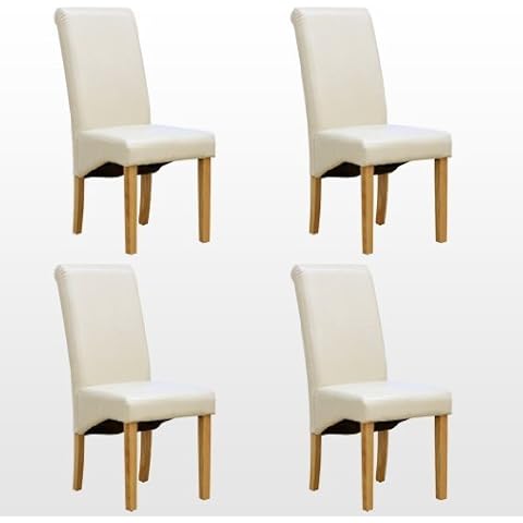 1home Set of 4 Faux Leather Dining Chairs Roll Top High Back with Solid Wooden Legs Oak Finish for Home & Commercial Living Room Bedroom Kitchen Restaurants Ivory Cover