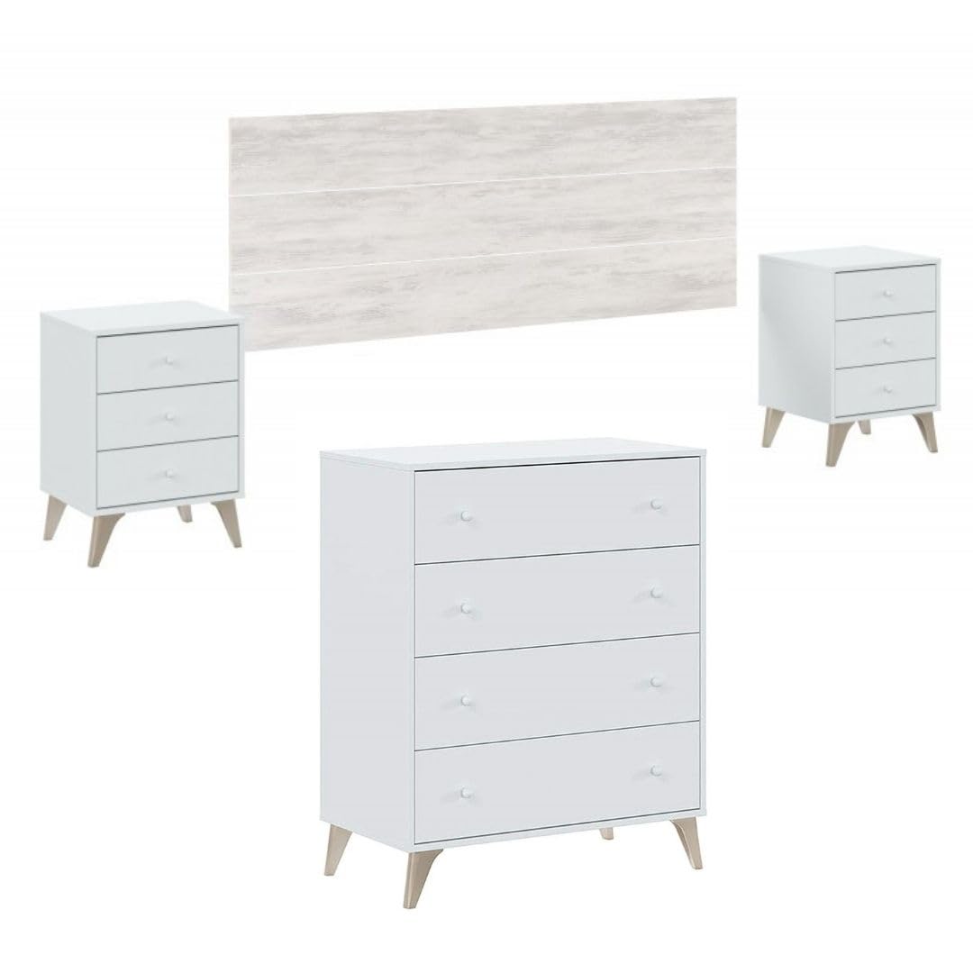 Mobelcenter, Conjunto Dormitorio Matrimonio Sweet, Color Blanco Artik y Blanco Velho, Cabezal para Camas de 135 y 150 cm, 2 Mesitas de 3 cajones y Cómoda de 4 cajones (P0029)