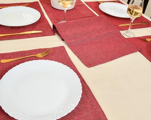Yellow Weaves Jute Dining 4 Table Placemats with 1 Runner, (12 X 60 Inches) 5 Pcs - Maroon