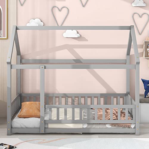 LLS Twin Size House Bed with Safety Guardrails, Montessori Floor Bed with Roof Frame, Wood Bed Frame for Boys Girls, Gray