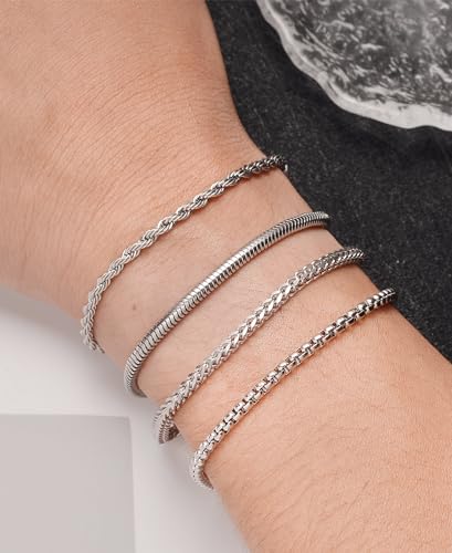 Tornito 8Pcs Chain Bracelet Stainless Steel Curb Width Rope Figaro Cuban Link Paperclip Twist Chain Bracelets Set for Men Women 7.5/8.3/9.0 Inches3