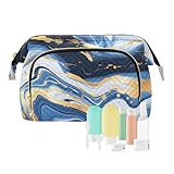 senya Travel Makeup Bag Cosmetic Bag Wide-open Pouch Toiletry bag Make Up Organizer Case with bottles kit for Women Marble Blue Gold White Abstract Graffiti