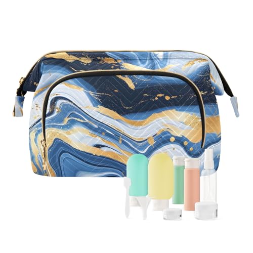 senya Travel Makeup Bag Cosmetic Bag Wide-open Pouch Toiletry bag Make Up Organizer Case with bottles kit for Women Marble Blue Gold White Abstract Graffiti