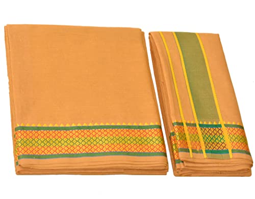 Image of TUNI MANI Men's Panchakacham Dhoti with Angavasthram with Zari Border, Cotton, Size: 9 X 5 (4.0mtr Dhoti, 2.25mtr Towel)
