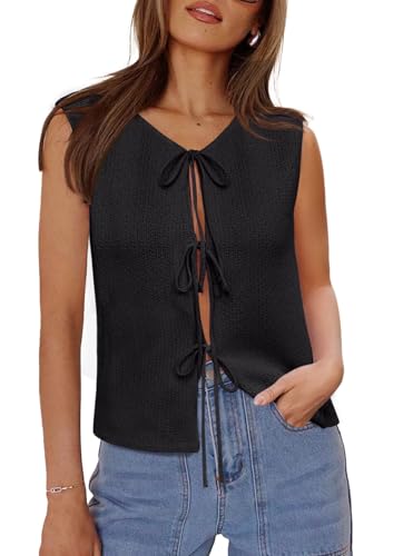 Yousify Women’s Tie Front Sweater Vest 2025 Sleeveless Crochet Knit Summer Y2K Going Out Tops