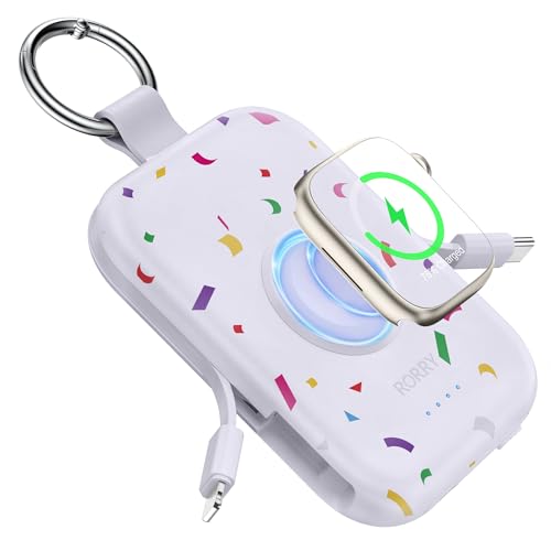 RORRY Portable Charger, 5000mAh Portable Charger Power Bank with Built-in Cables, Travel Keychain Battery Pack for Apple Watch Ultra/11/10/9/8/7/6/SE, iPhone Air/17/16/15/14/13/12, Confetti-
