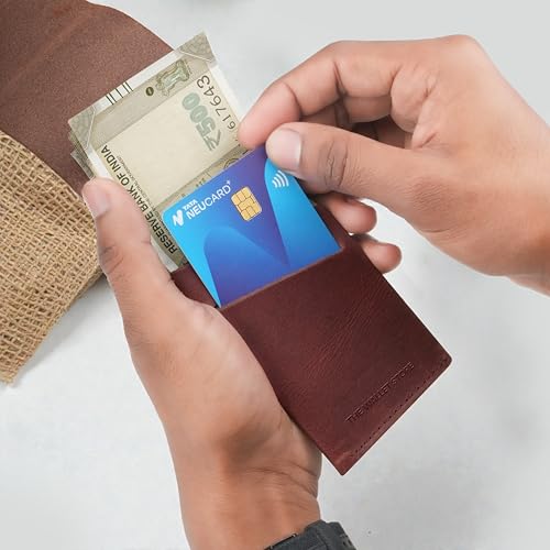 Image of The Wallet Store Flip Genuine Leather Vertical Slim Wallet for Men | Pull-String Quick Card Access | Compact Front Cash Pocket & Button Lock | Minimalist Travel & Daily Carry Wallet (Wine)