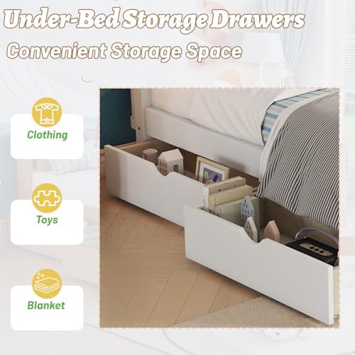 OYUMOENTS Twin Size Kids Bed Frame, Low Profile Montessori Twin Bed with Rails, Wood Daybed with Storage Drawer for Girls & Boys, No Spring Box Required, No Squeaks, White