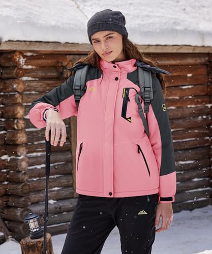 TACVASEN Damen Funktionsjacke Wandern Winterjacke Winddicht Wasserdicht Regenjacke Warm Fleece Snowboardjacke Wetterjacke, Rosa-grau, L