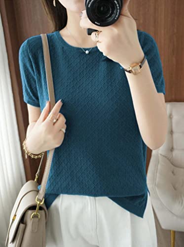 Image of Womens Short Sleeve Sweaters Tops Summer Thin Pullover Cotton Knit Shirt Crew Neck Lightweight Pointelle Blouse