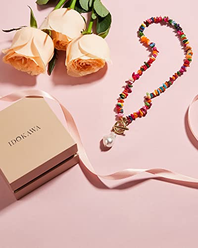 Idokawa Boho Statement Necklace For Women, Vintage Multicolor Charm Choker With Natural Gemstones And Baroque Pearl Pendant, Summer Bohemian Jewelry #TOP1