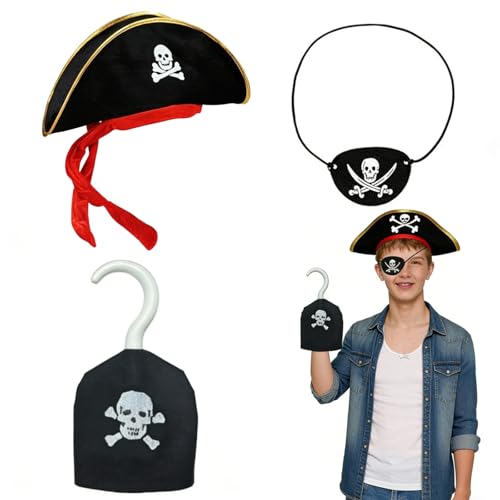 Générique 3 Pièce Pirate Accessoires de Vêtements, Chapeau de Capitaine Pirate et Crâne Cache-œil,Crochet en Tissu Crâne, pour Halloween Fête...